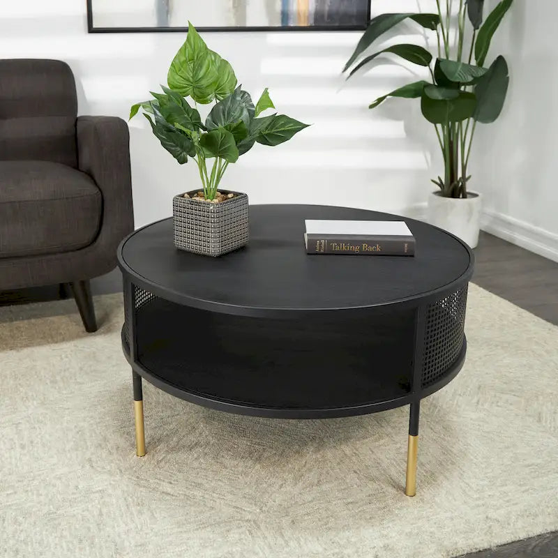 Table d'appoint ou table basse géométrique en métal à grille ouverte avec pieds dorés, noire