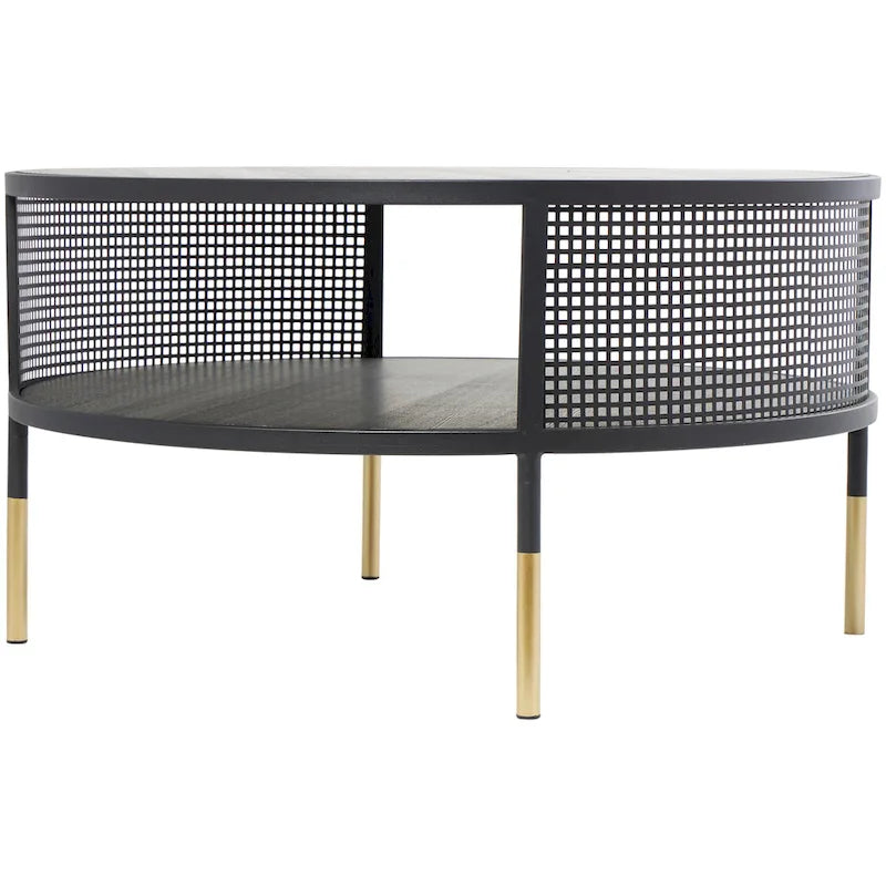 Table d'appoint ou table basse géométrique en métal à grille ouverte avec pieds dorés, noire