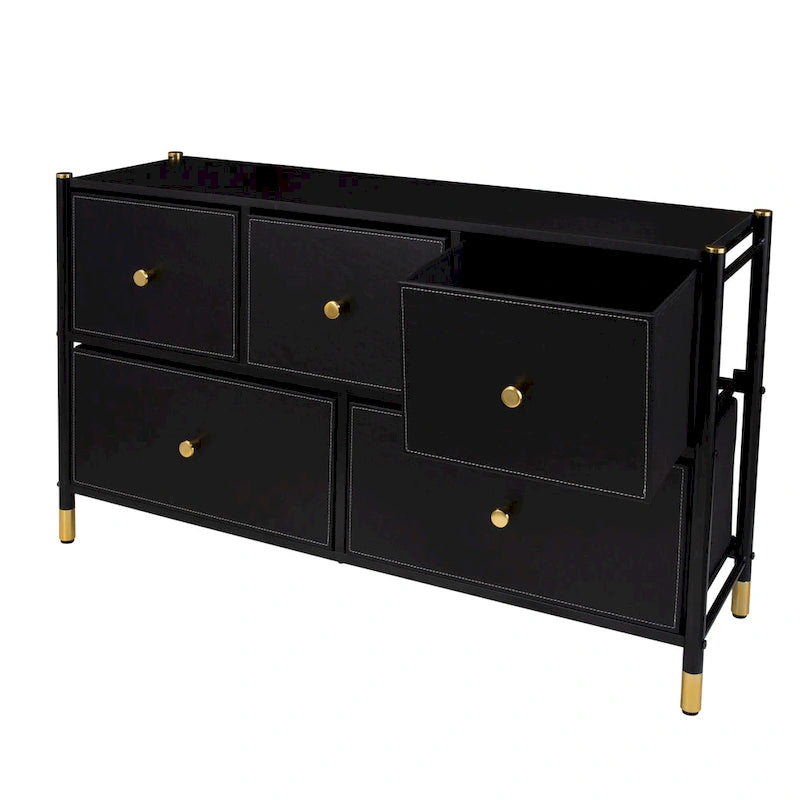 Commode à cadre en acier avec extérieur aspect cuir et accents dorés