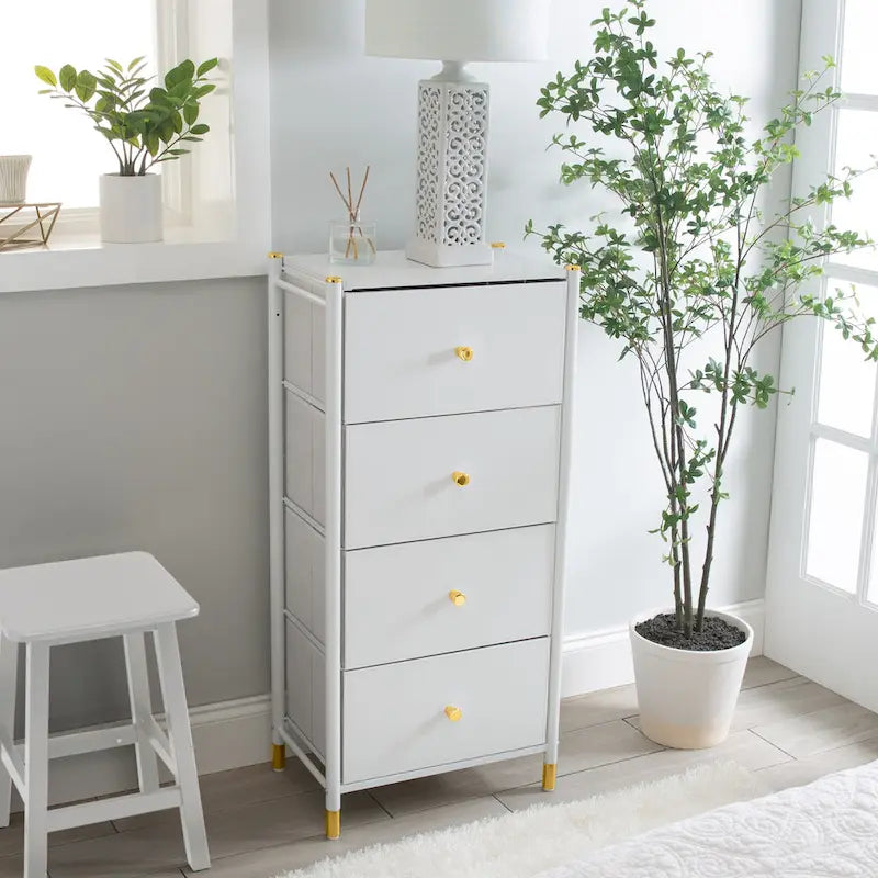 Commode à cadre en acier avec extérieur aspect cuir et accents dorés