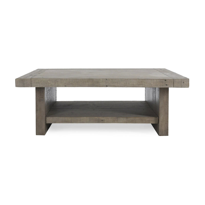 Table basse carrée avec plateau en stratifié effet béton et cadre en bois recyclé – 50Lxl50Px18H