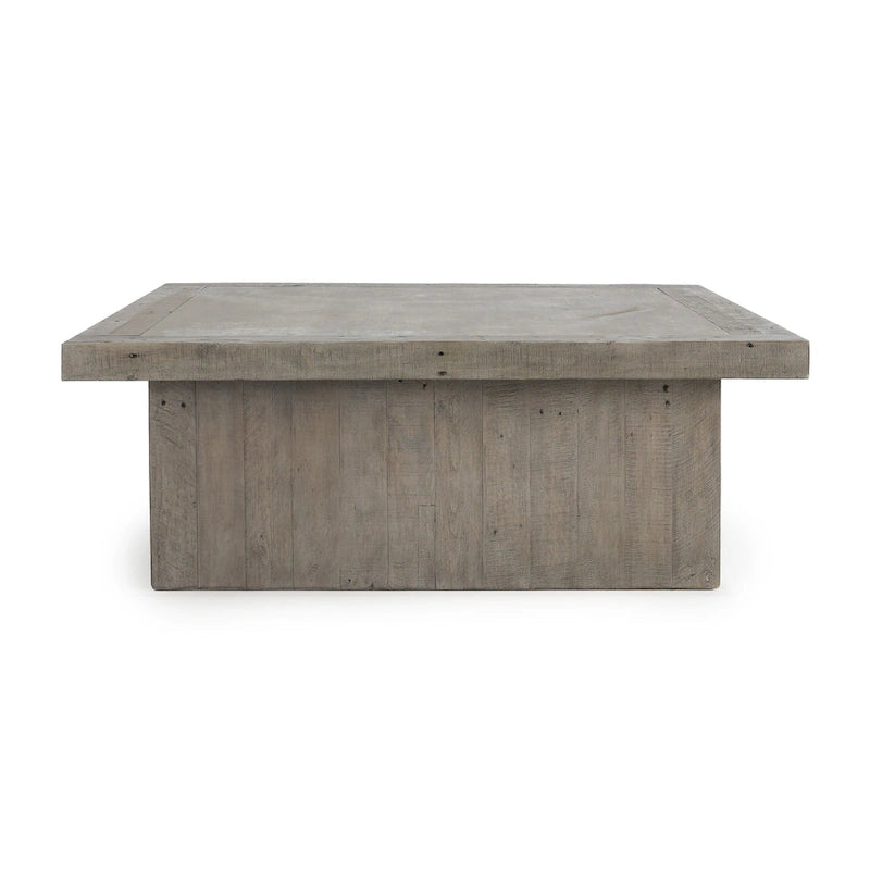 Table basse carrée avec plateau en stratifié effet béton et cadre en bois recyclé – 50Lxl50Px18H