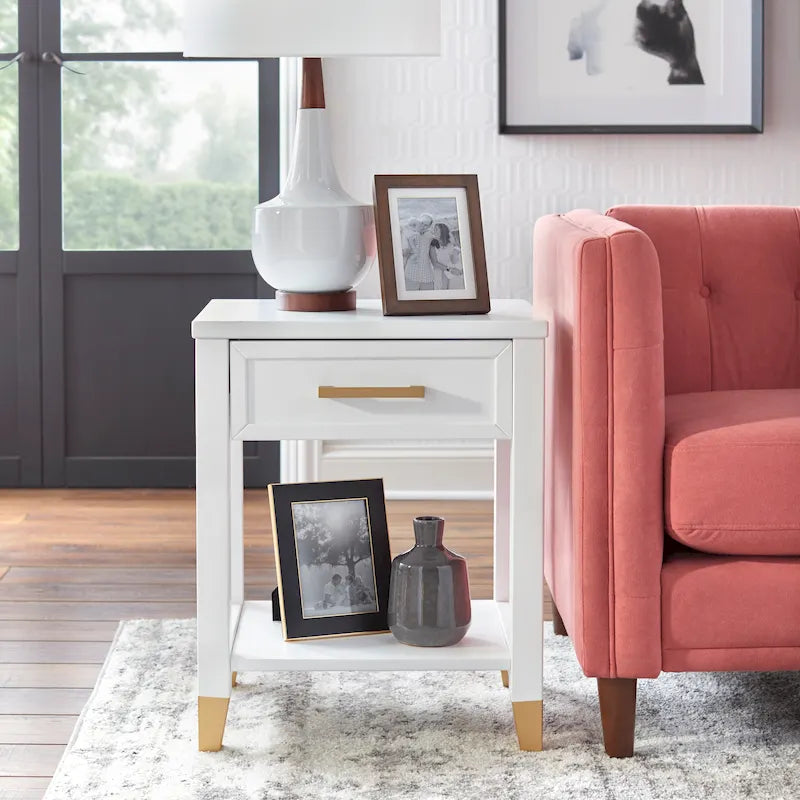 Table de chevet Mid-Century avec tiroir et étagère – Blanc