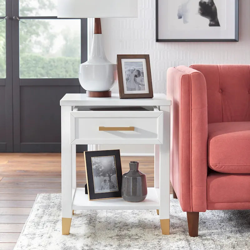 Table de chevet Mid-Century avec tiroir et étagère – Blanc