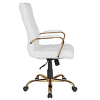 Fauteuil de bureau haut dossier en cuir blanc avec structure dorée