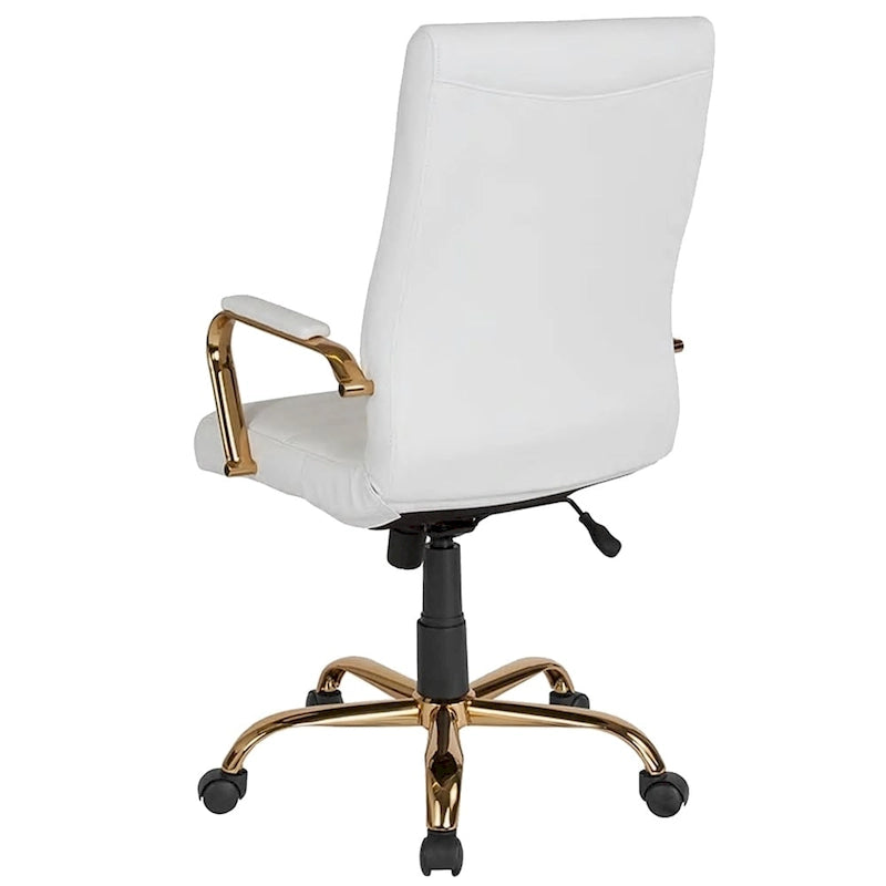 Fauteuil de bureau haut dossier en cuir blanc avec structure dorée