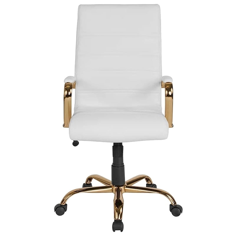 Fauteuil de bureau haut dossier en cuir blanc avec structure dorée