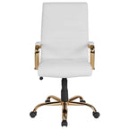 Fauteuil de bureau haut dossier en cuir blanc avec structure dorée