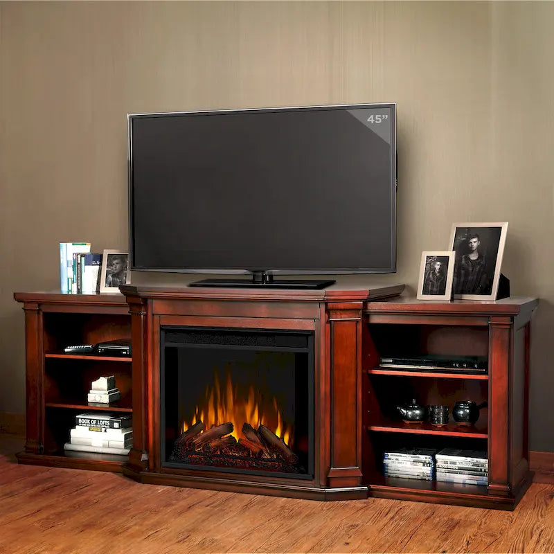 Meuble TV cheminée électrique en acajou foncé - 75,5 L x 21,5 P x 27,7 H