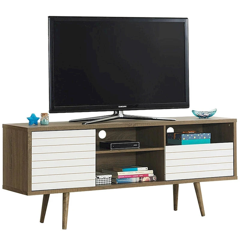 Meuble TV moderne avec 3 étagères, tiroir de rangement et placard – Chêne et blanc