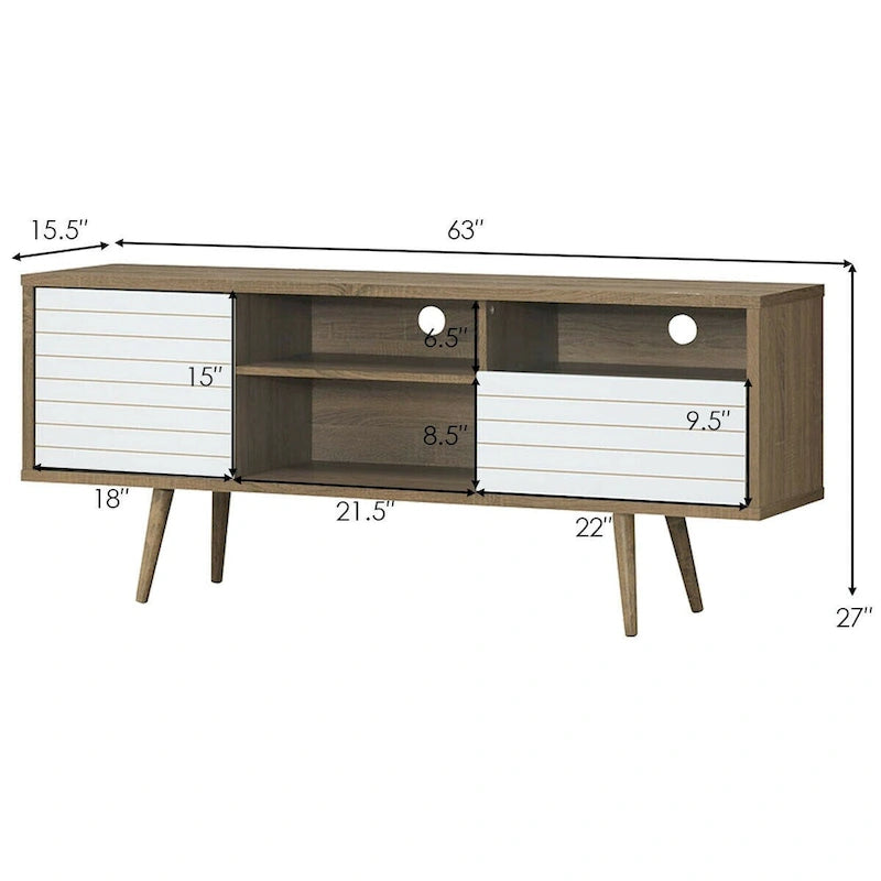 Meuble TV moderne avec 3 étagères, tiroir de rangement et placard – Chêne et blanc