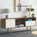 Meuble TV moderne avec 3 étagères, tiroir de rangement et placard – Chêne et blanc
