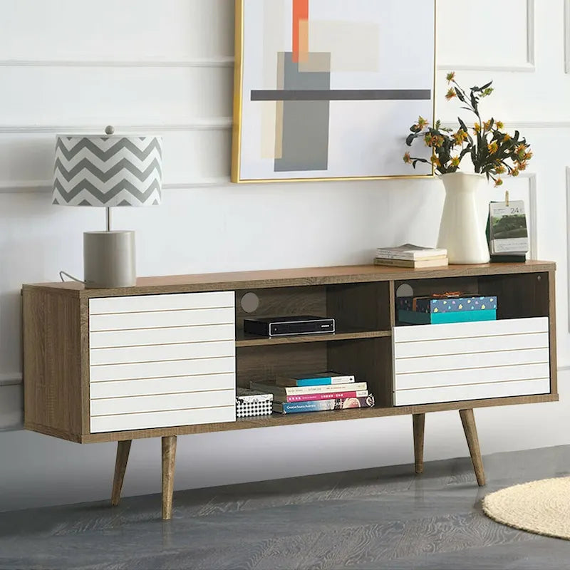 Meuble TV moderne avec 3 étagères, tiroir de rangement et placard – Chêne et blanc