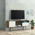 Meuble TV moderne avec 3 étagères, tiroir de rangement et placard – Chêne et blanc