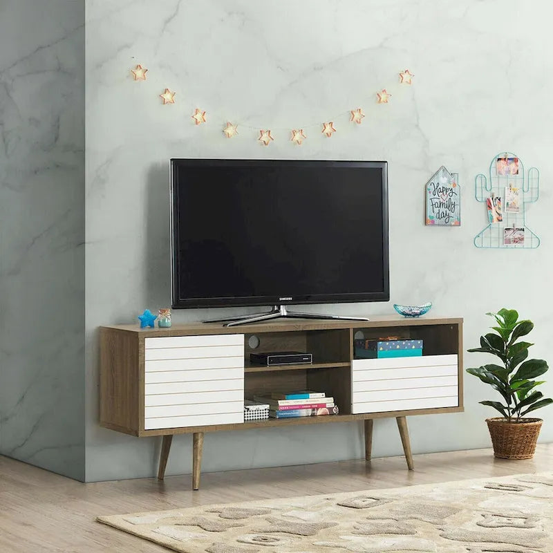 Meuble TV moderne avec 3 étagères, tiroir de rangement et placard – Chêne et blanc