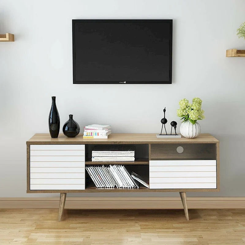 Meuble TV moderne avec 3 étagères, tiroir de rangement et placard – Chêne et blanc