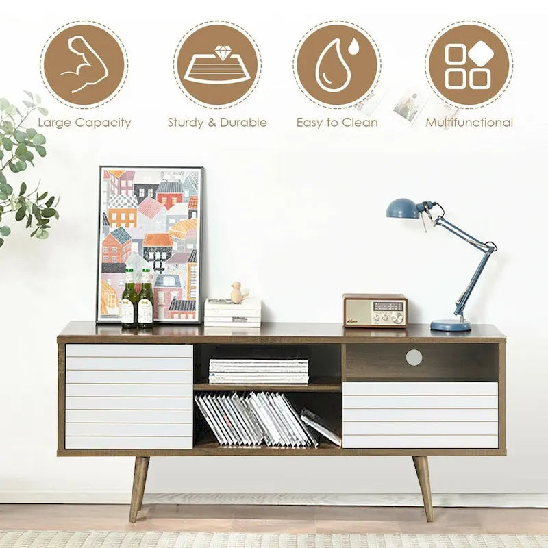 Meuble TV moderne avec 3 étagères, tiroir de rangement et placard – Chêne et blanc