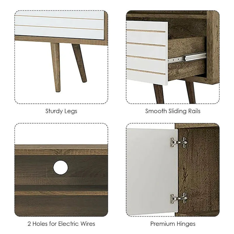 Meuble TV moderne avec 3 étagères, tiroir de rangement et placard – Chêne et blanc