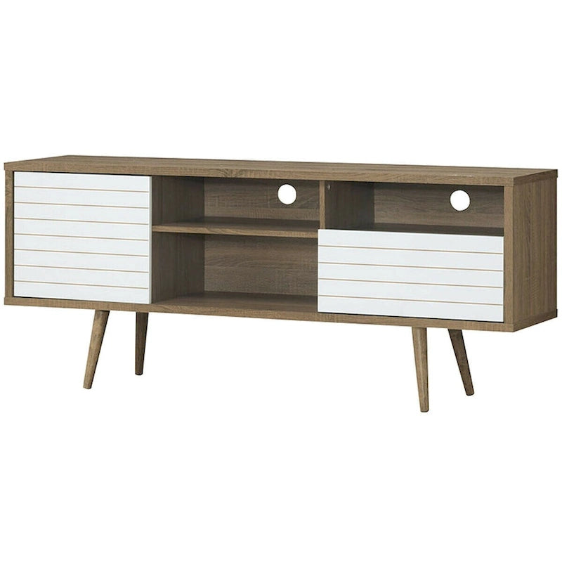 Meuble TV moderne avec 3 étagères, tiroir de rangement et placard – Chêne et blanc