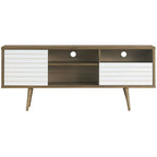 Meuble TV moderne avec 3 étagères, tiroir de rangement et placard – Chêne et blanc