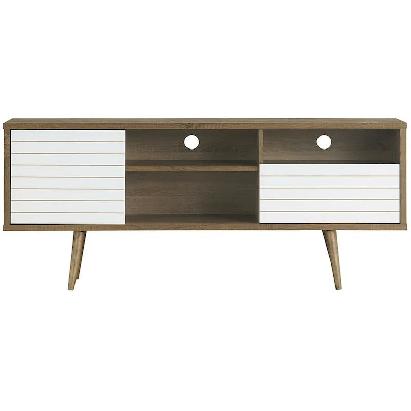 Meuble TV moderne avec 3 étagères, tiroir de rangement et placard – Chêne et blanc