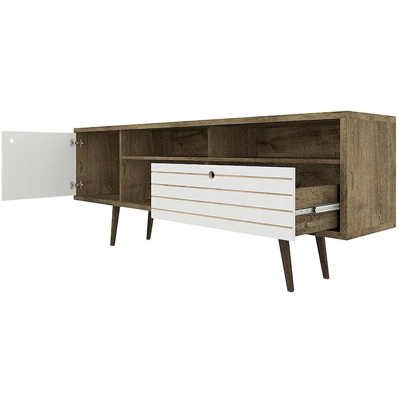 Meuble TV moderne avec 3 étagères, tiroir de rangement et placard – Chêne et blanc