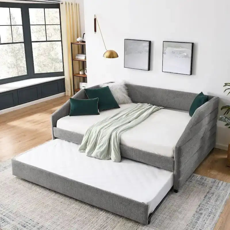 Lit de repos double avec lit gigogne escamotable, revêtement en lin capitonné