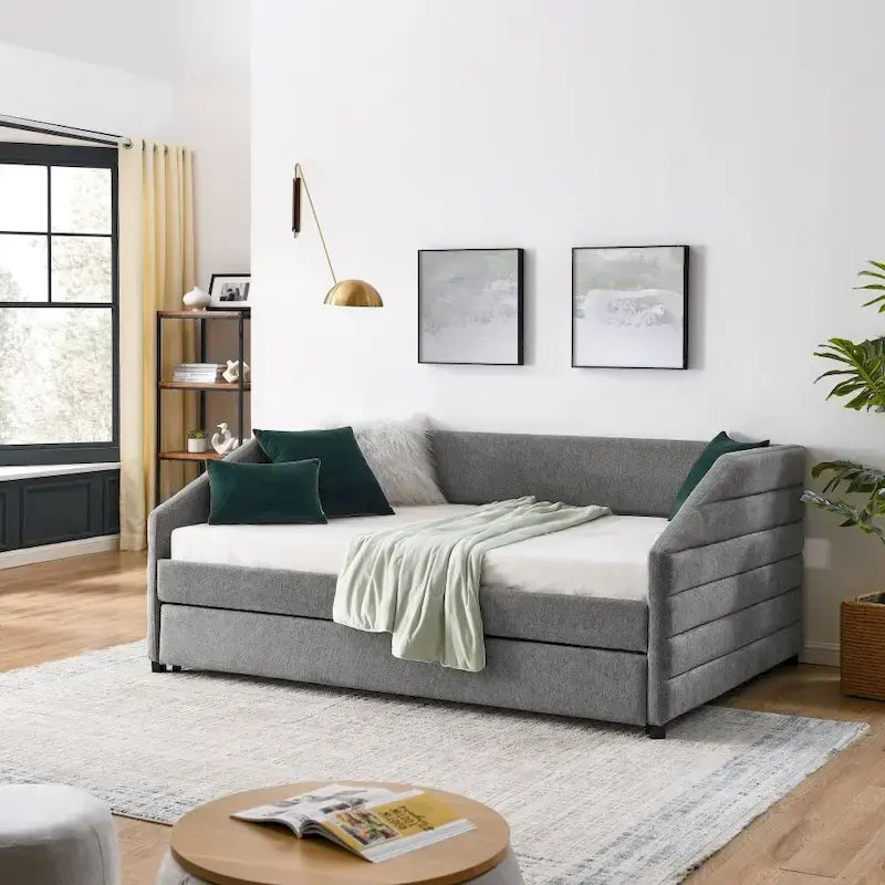 Lit de repos double avec lit gigogne escamotable, revêtement en lin capitonné