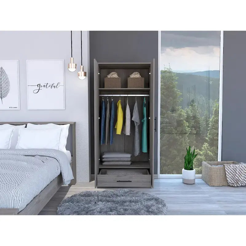 Armoire double porte avec deux étagères, une tringle et un tiroir - Gris clair
