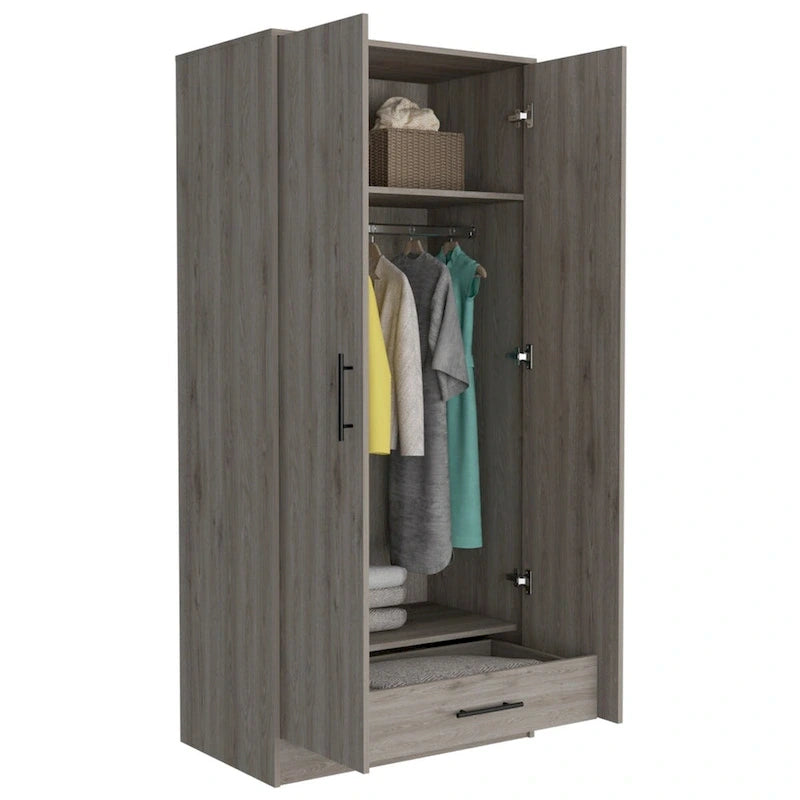 Armoire double porte avec deux étagères, une tringle et un tiroir - Gris clair