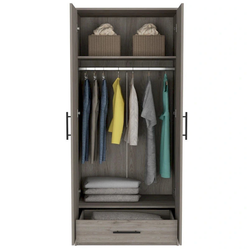 Armoire double porte avec deux étagères, une tringle et un tiroir - Gris clair