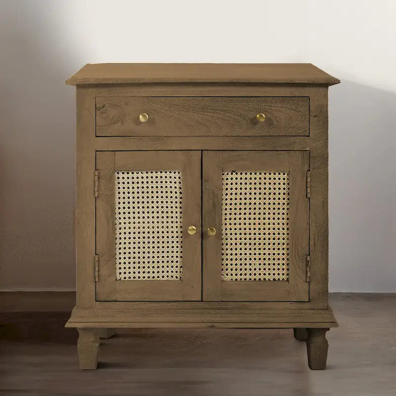 Table de chevet en rotin avec tiroir et rangement fermé