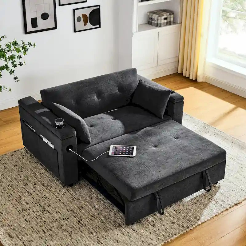 Canapé-lit convertible de 54 po avec rangement, oreiller lombaire et prise de courant USB