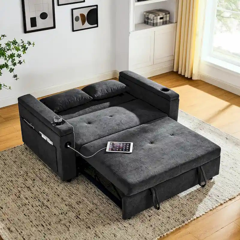 Canapé-lit convertible de 54 po avec rangement, oreiller lombaire et prise de courant USB