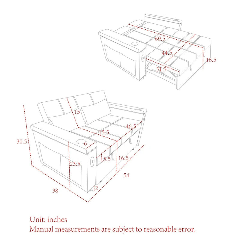 Canapé-lit convertible de 54 po avec rangement, oreiller lombaire et prise de courant USB