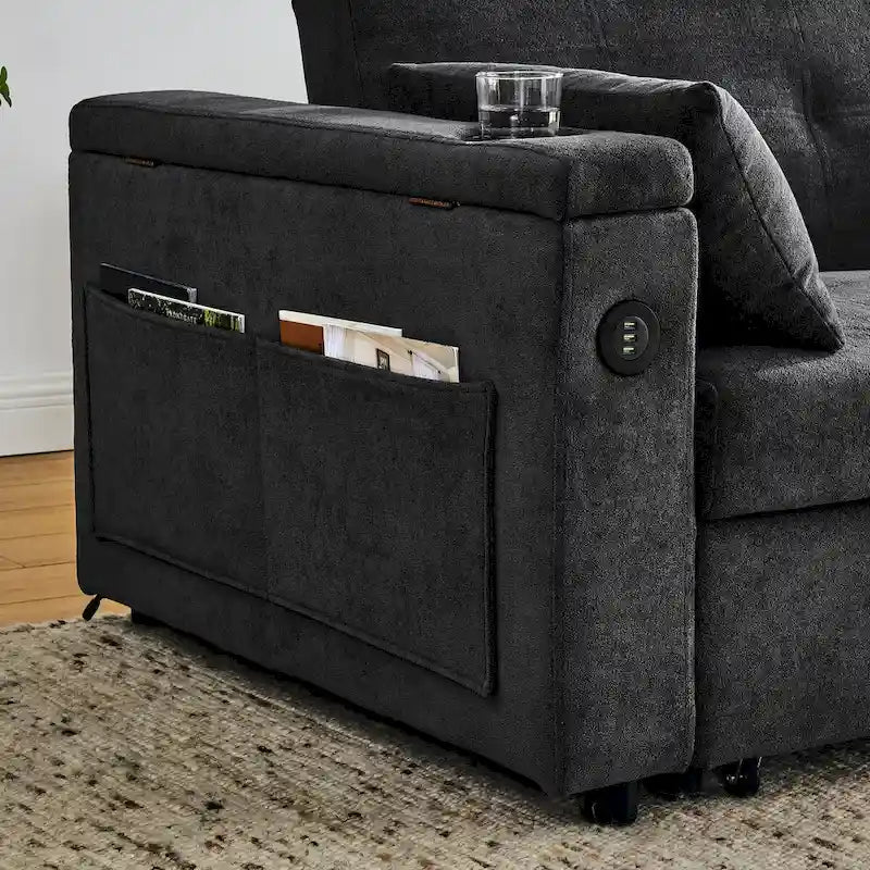 Canapé-lit convertible de 54 po avec rangement, oreiller lombaire et prise de courant USB