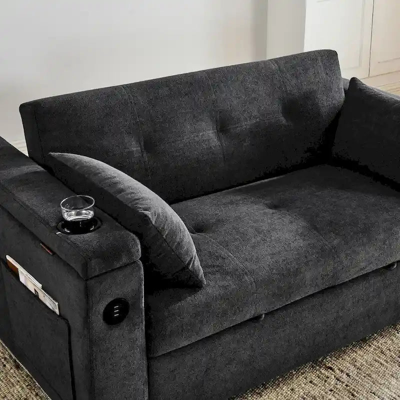 Canapé-lit convertible de 54 po avec rangement, oreiller lombaire et prise de courant USB