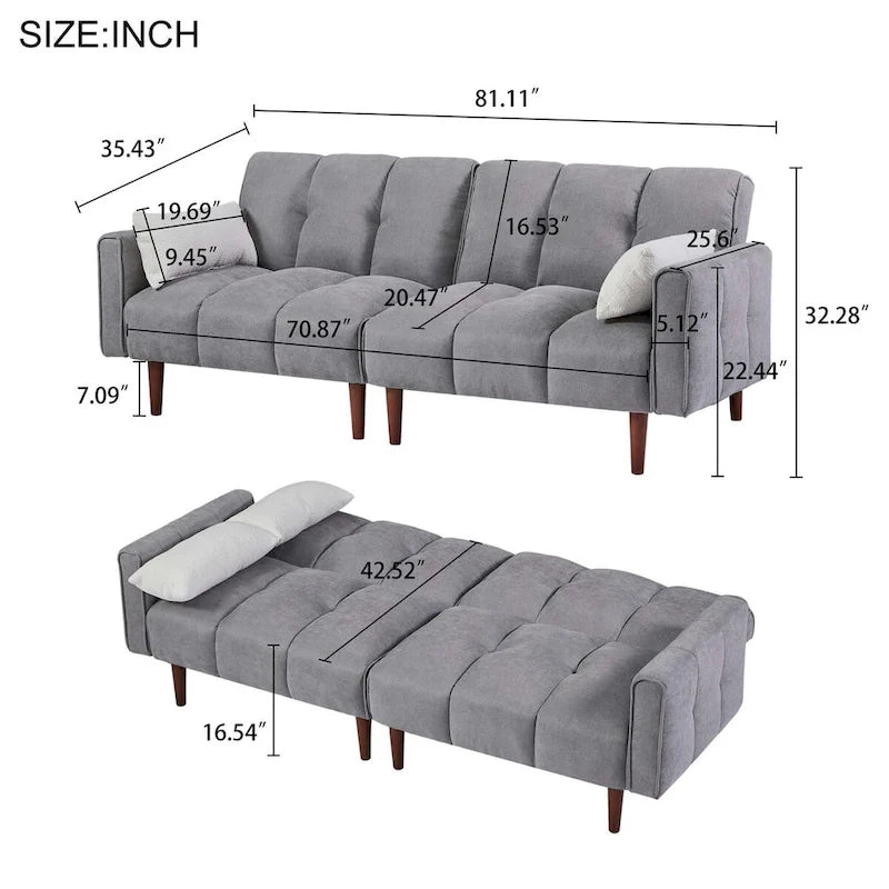 Canapé-Lit Futon Convertible avec Dossier Réglable et 2 Oreillers