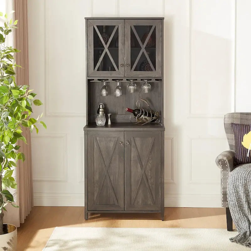 Meuble de bar haut avec casier à vin et porte vitrée