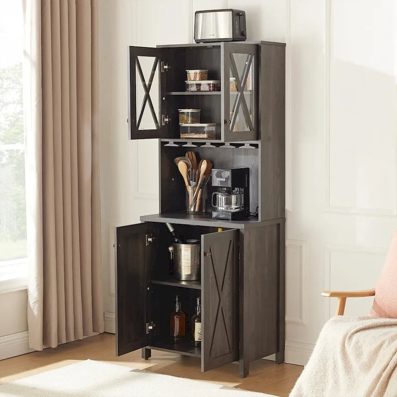 Meuble de bar haut avec casier à vin et porte vitrée
