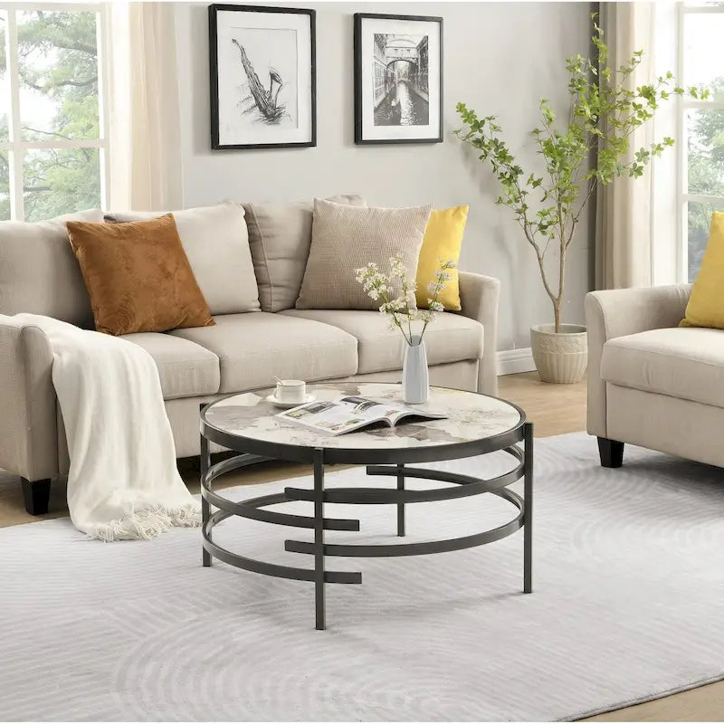 Table basse ronde de 82,5 cm avec plateau en pierre frittée et cadre en métal