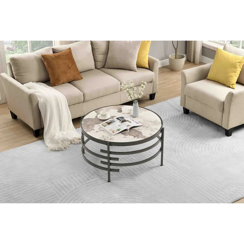 Table basse ronde de 82,5 cm avec plateau en pierre frittée et cadre en métal