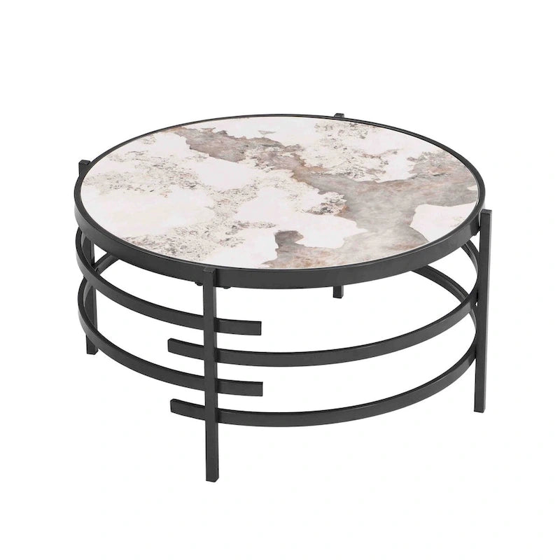 Table basse ronde de 82,5 cm avec plateau en pierre frittée et cadre en métal