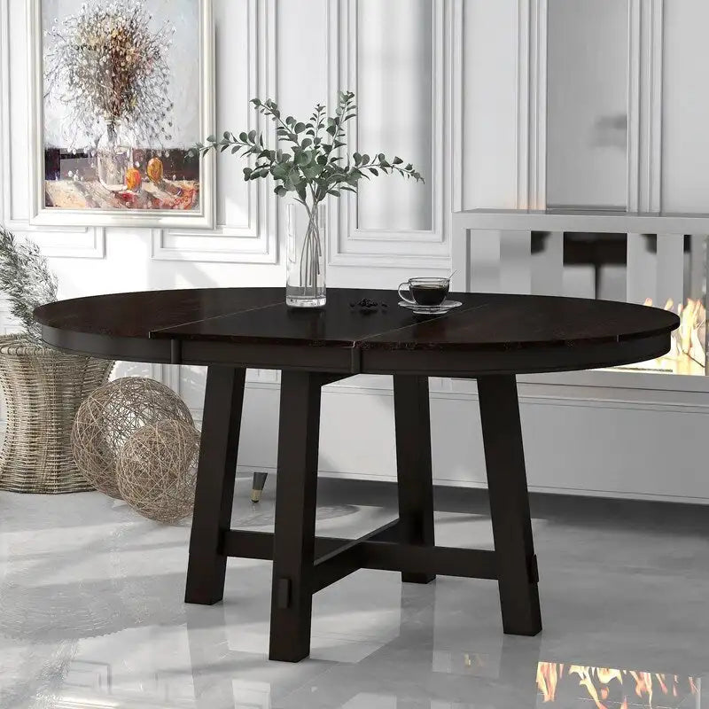 Table à manger ronde extensible avec piètement en X et rallonge intégrée