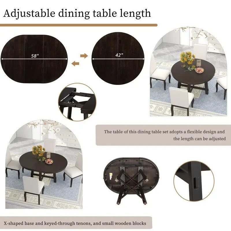 Table à manger ronde extensible avec piètement en X et rallonge intégrée