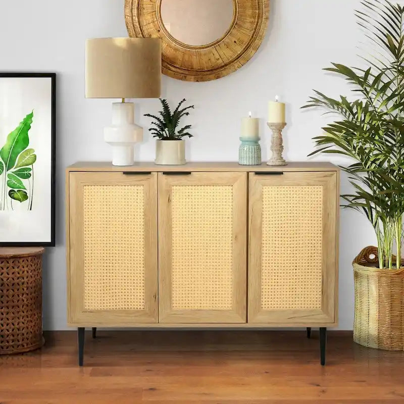 Meuble de rangement en bois avec 3 portes en rotin et 3 étagères