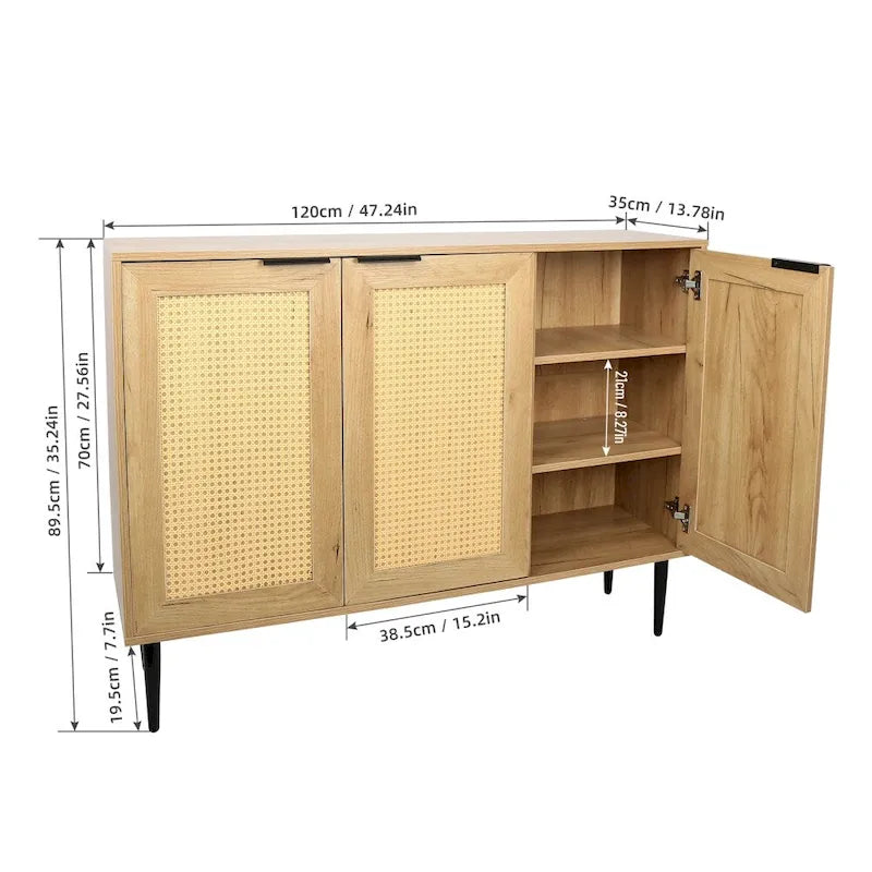 Meuble de rangement en bois avec 3 portes en rotin et 3 étagères