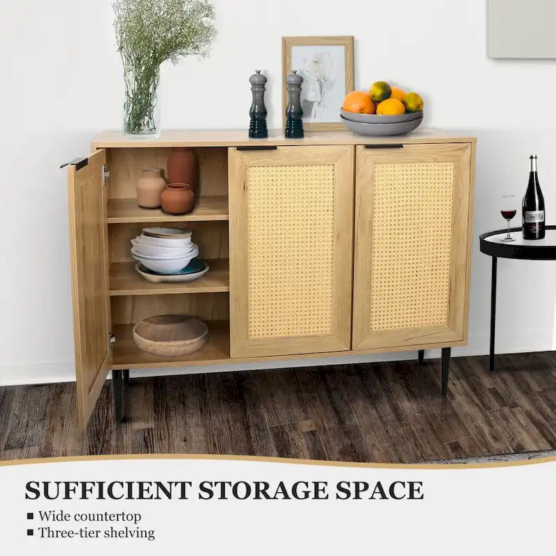 Meuble de rangement en bois avec 3 portes en rotin et 3 étagères