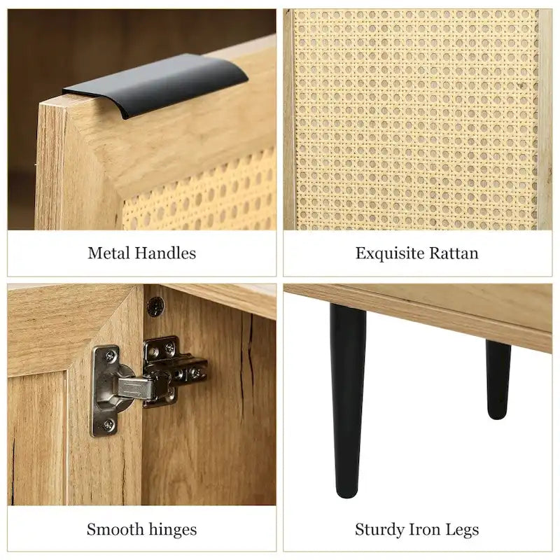 Meuble de rangement en bois avec 3 portes en rotin et 3 étagères