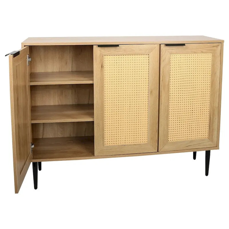 Meuble de rangement en bois avec 3 portes en rotin et 3 étagères